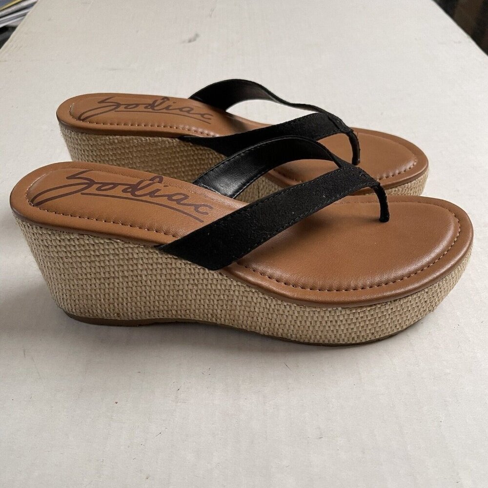 Zodiac Rio Sandals Womens 9 Black Thong Platform Wedge Chunky Party Vacation